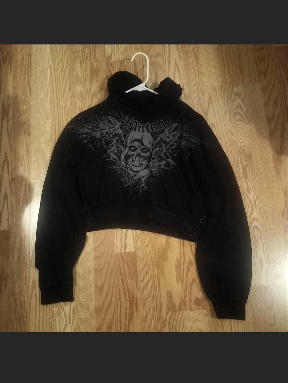 Affliction Black Cropped Hoodie with Skull Graphic